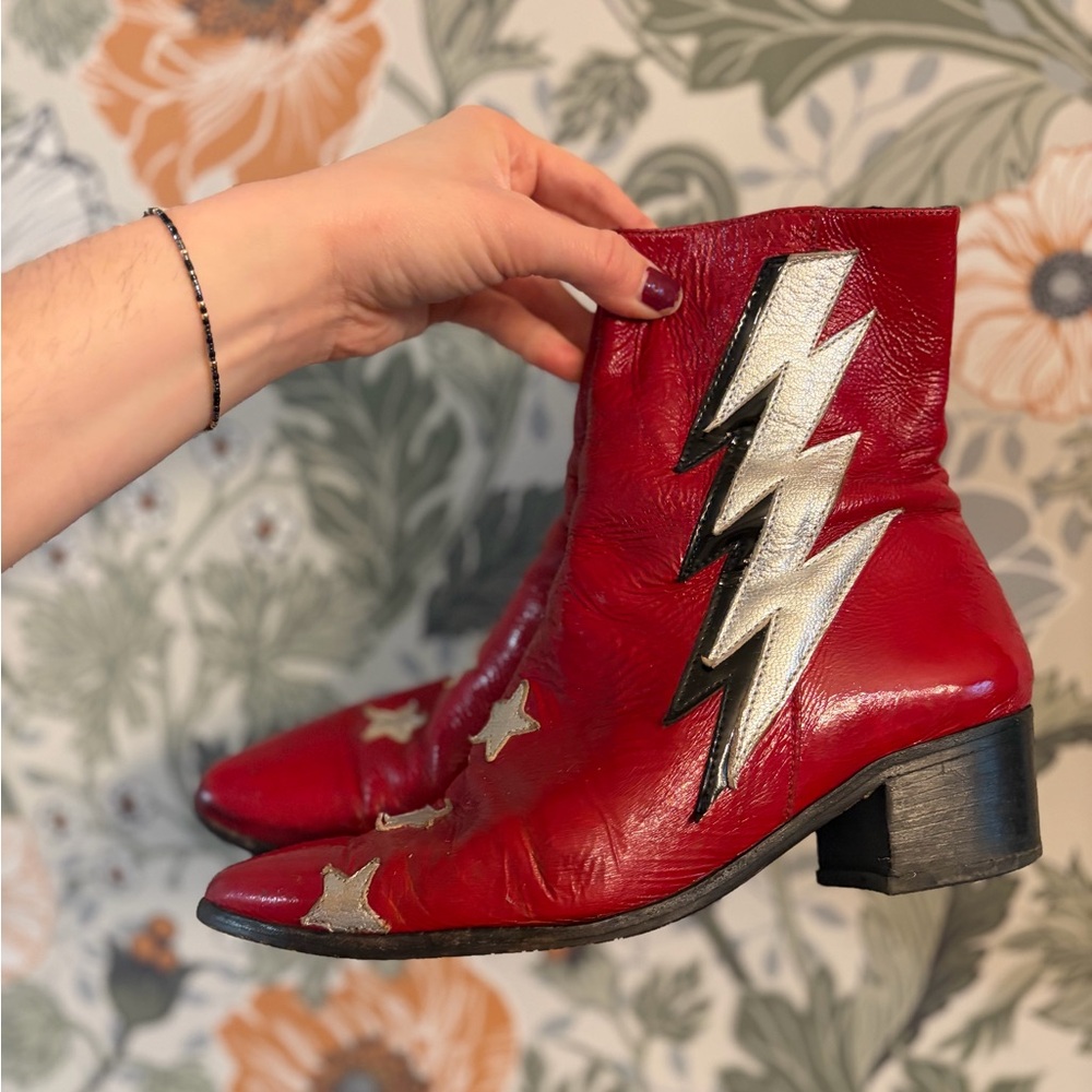Modern Vice Red Leather Ankle Boots with Lightning Bolt & Stars